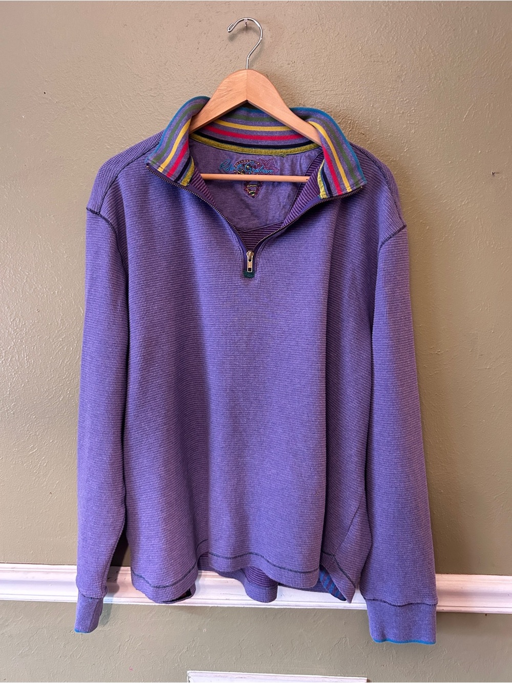 Robert Graham Purple cotton half-Zip Men’s Sweater with Striped Collar